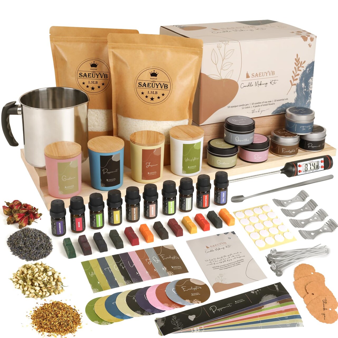 Candle Making Kit - DIY Starter Soy Candle Making Supplies/Kit - Soy Wax, 10 Jars & Tins, 10 Pleasant Scents, Color Dyes & More,Perfect Candle Making Kit for Adults